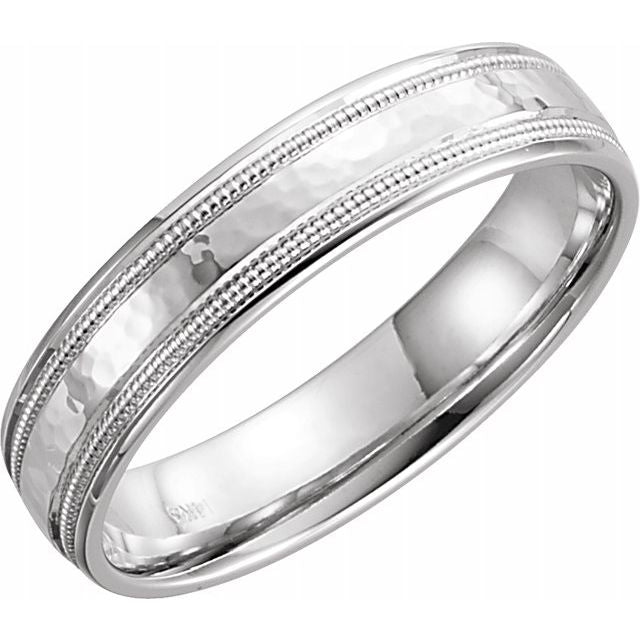 14K White 5 mm Flat Edge Band with Hammer Finish & Milgrain - Balacia