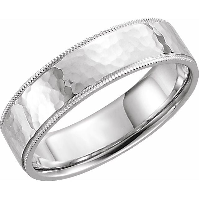 14K White 6 mm Flat Band with Hammer Finish & Milgrain - Balacia