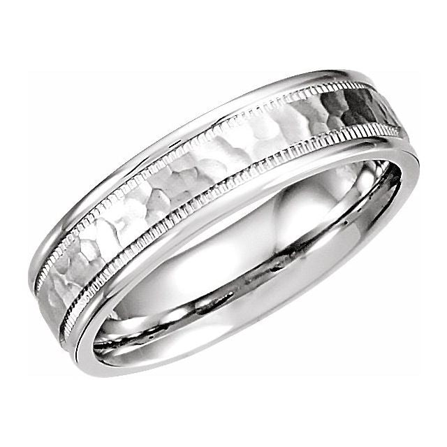 14K White 6 mm Half Round Band with Milgrain & Hammer Finish - Balacia