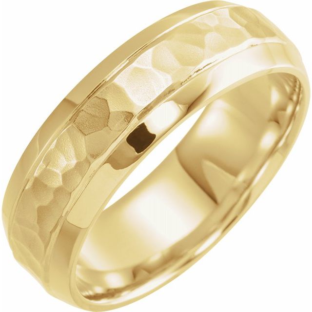 14K Yellow 7 mm Beveled - Edge Band with Hammered Finish - Balacia