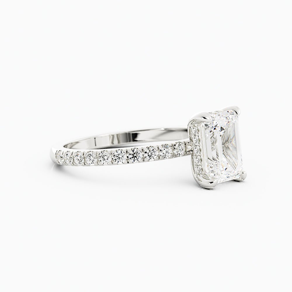 emerald cut hidden halo ring