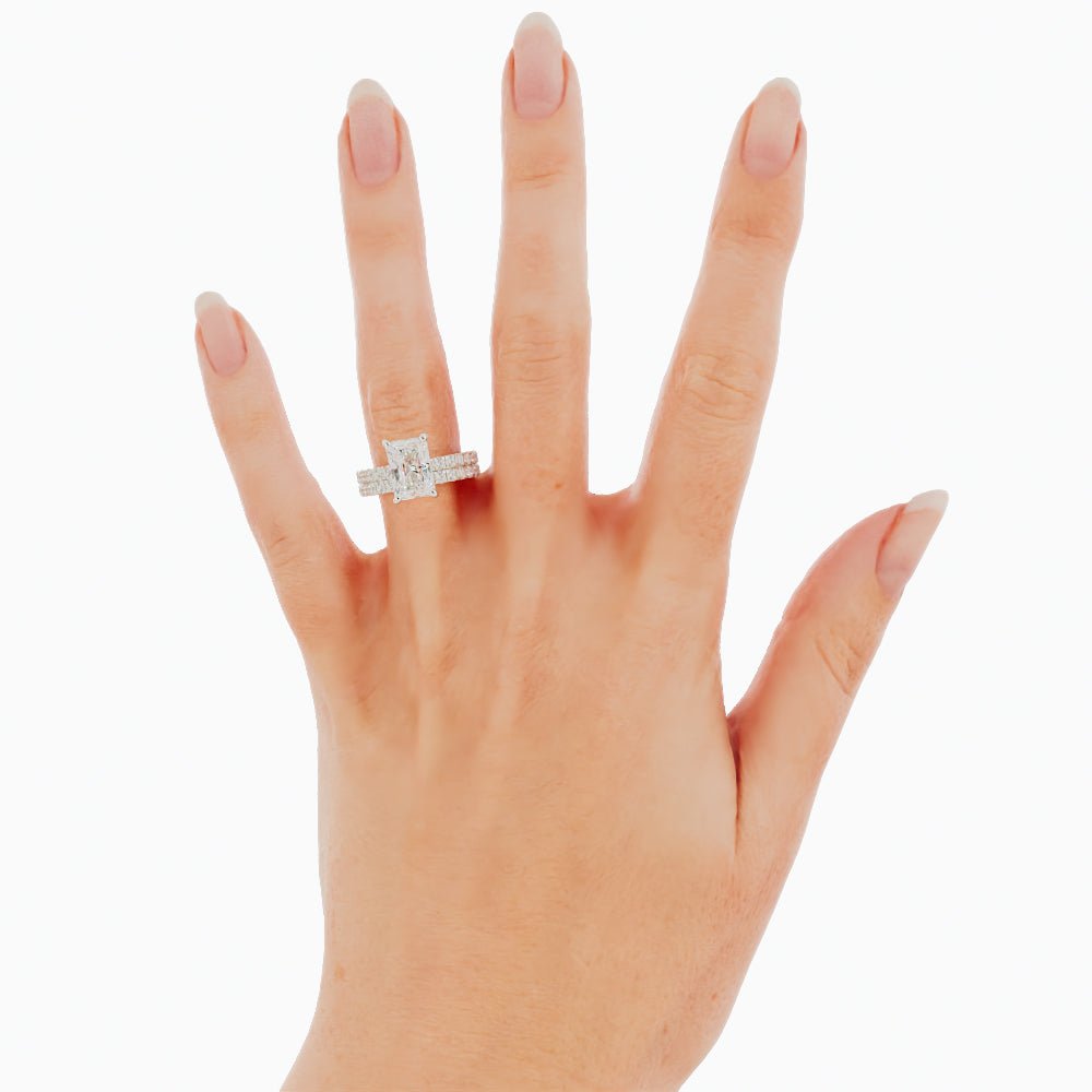 3 Carat Radiant Cut Moissanite Engagement Ring Set on a hand