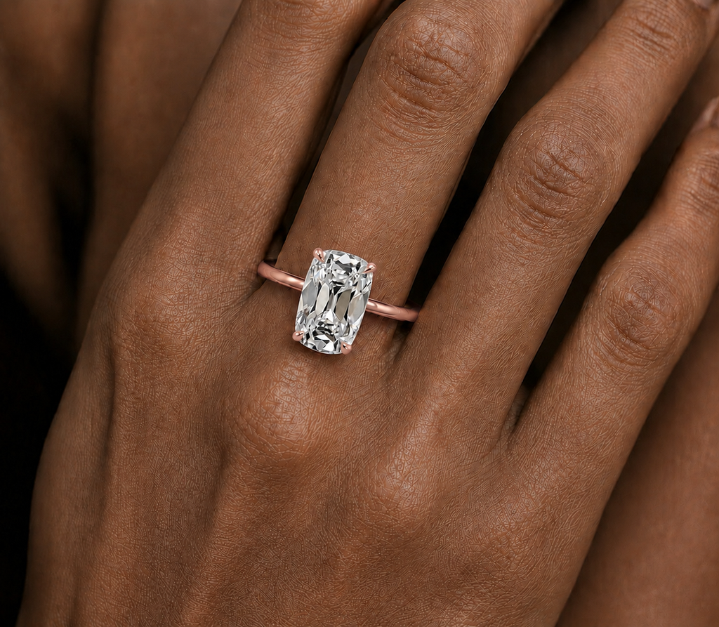 Elongated Cushion Old Mine Cut Diamond Engagement Ring Rose Hand