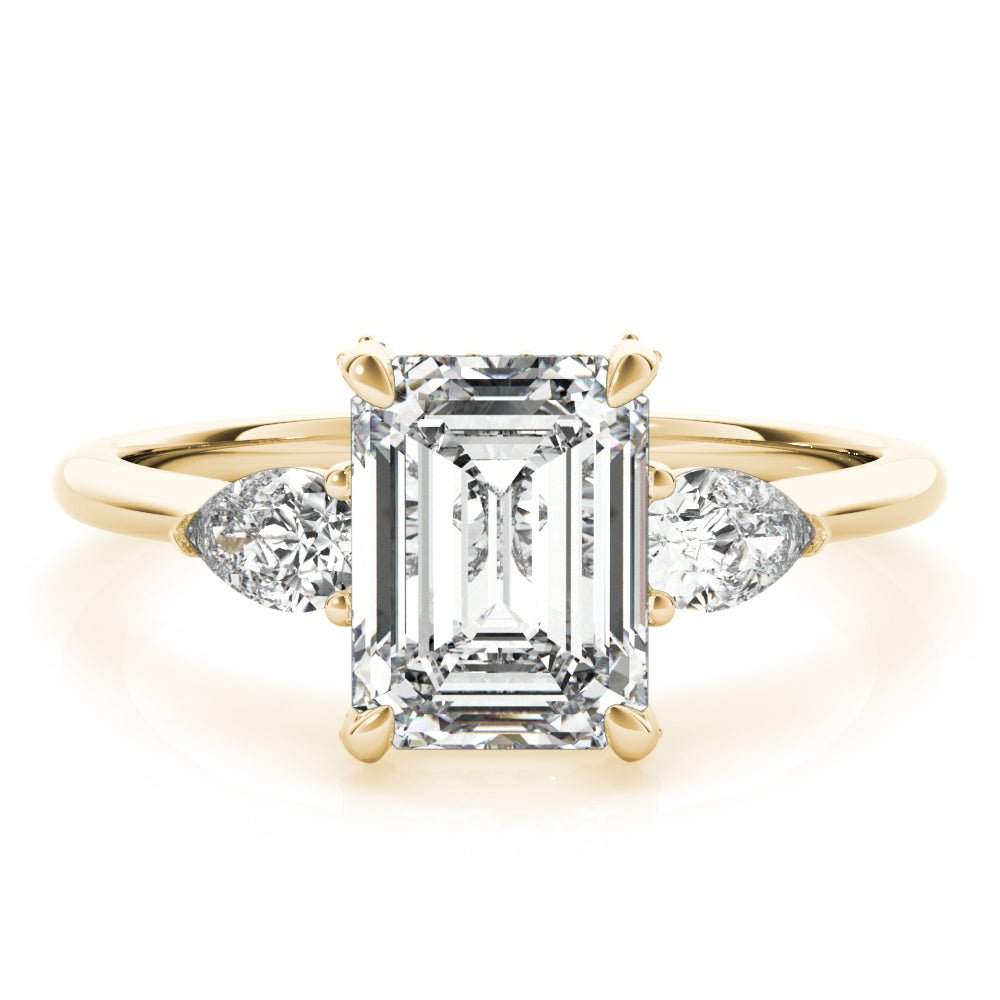 Emerald Cut with Pear Sides Three Stone Yellow Gold Engagement Ring