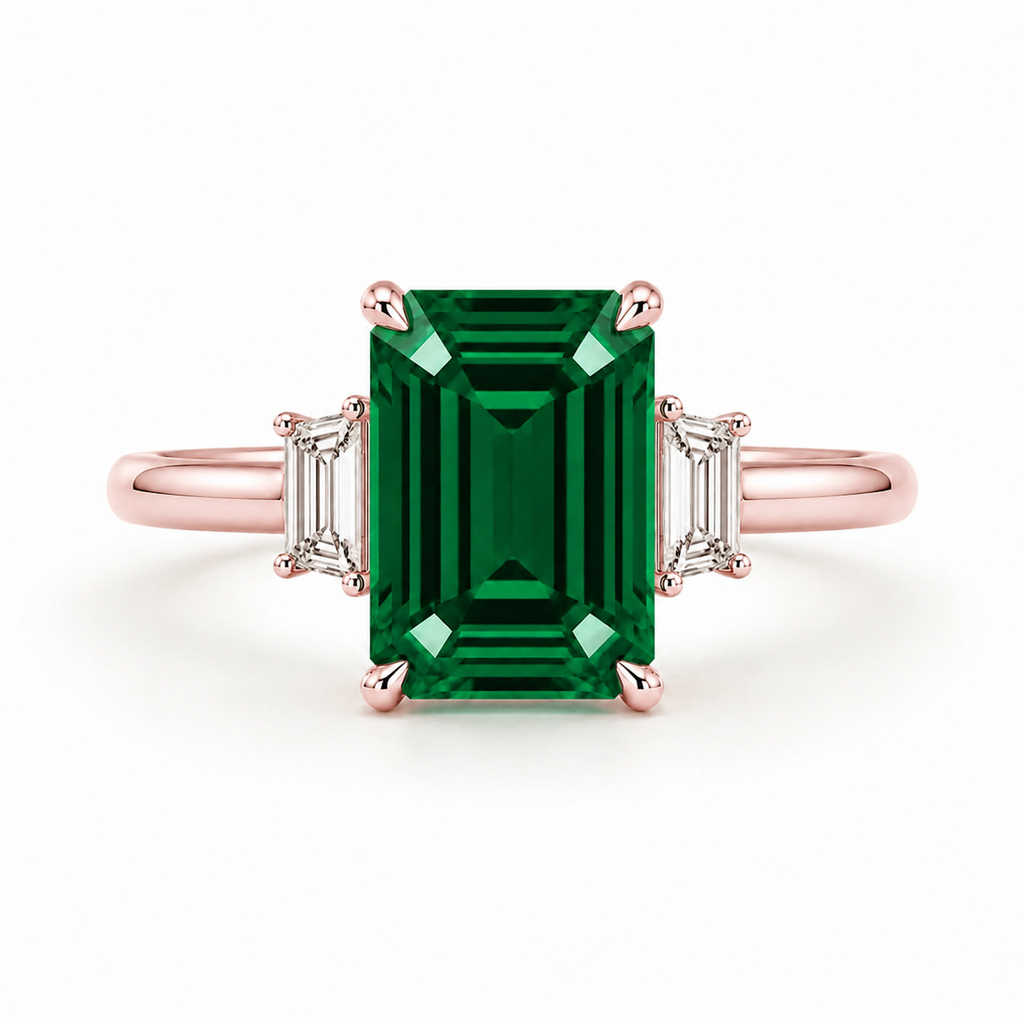 Green Emerald Cut Diamond 3 Stone Engagement Ring Rose Gold
