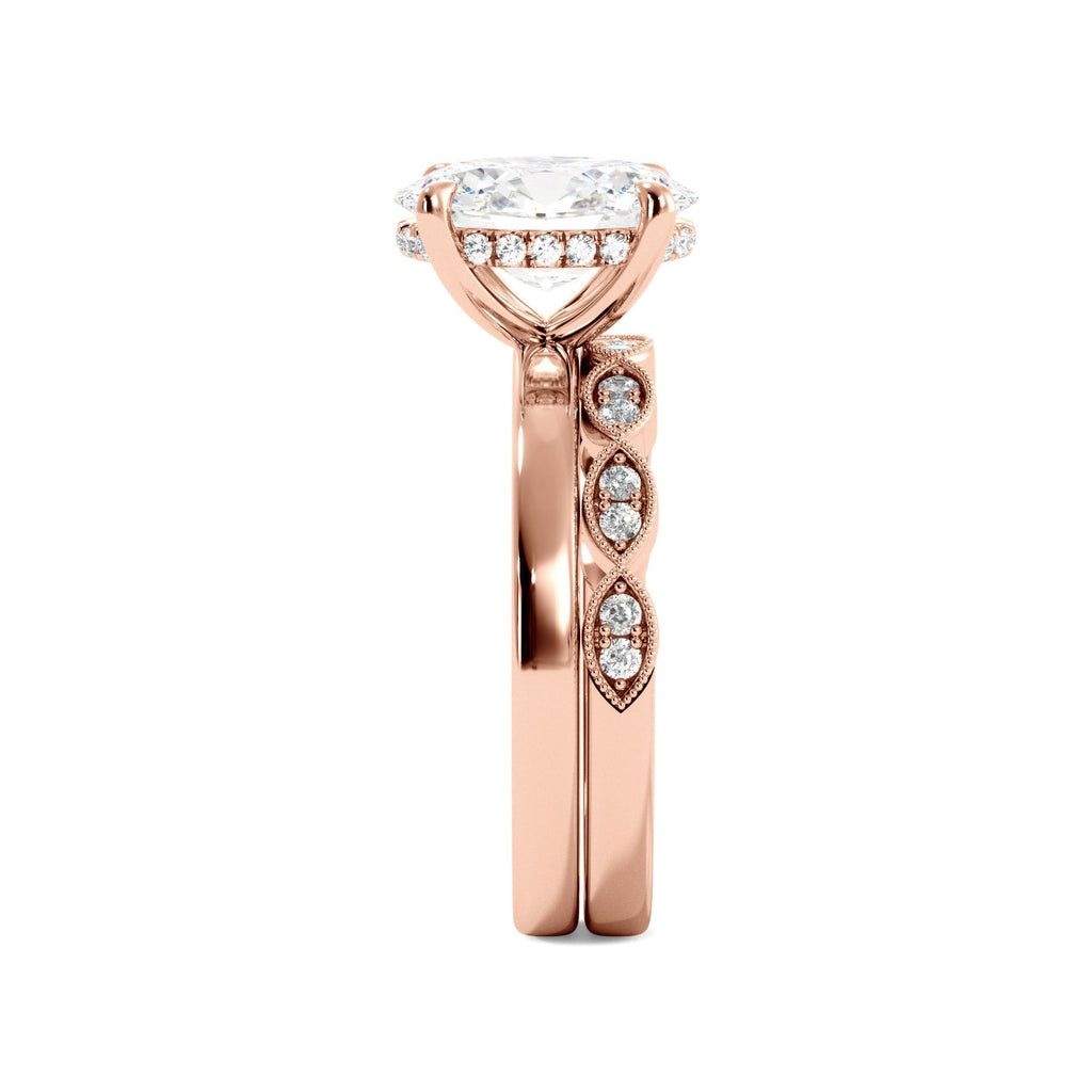 Oval Diamond Solitaire Hidden Halo Rose Gold Engagement Ring Set Side