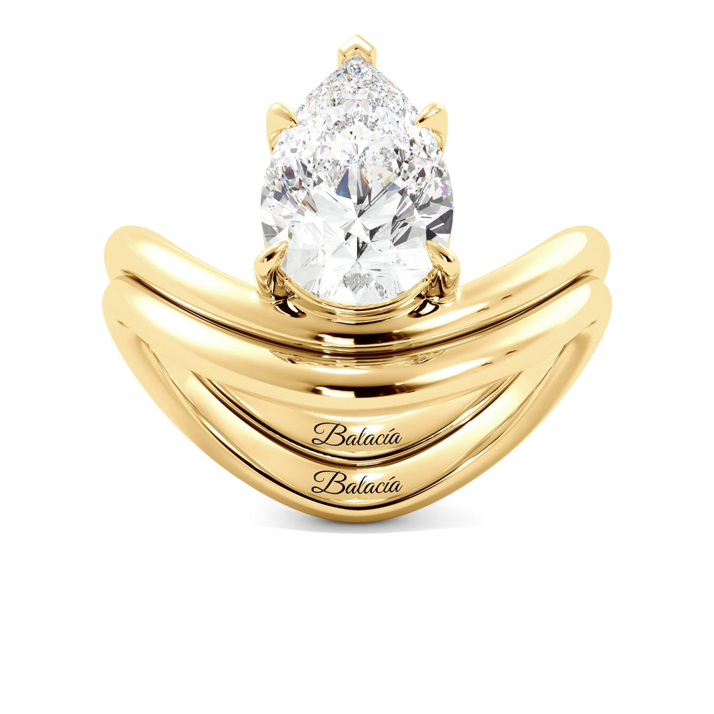Pear Diamond Modern Curved Yellow Gold Engagement Ring Set