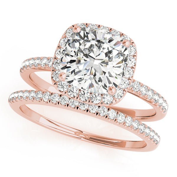 Rose Gold Cushion Cut Diamond Halo Engagement Ring Set