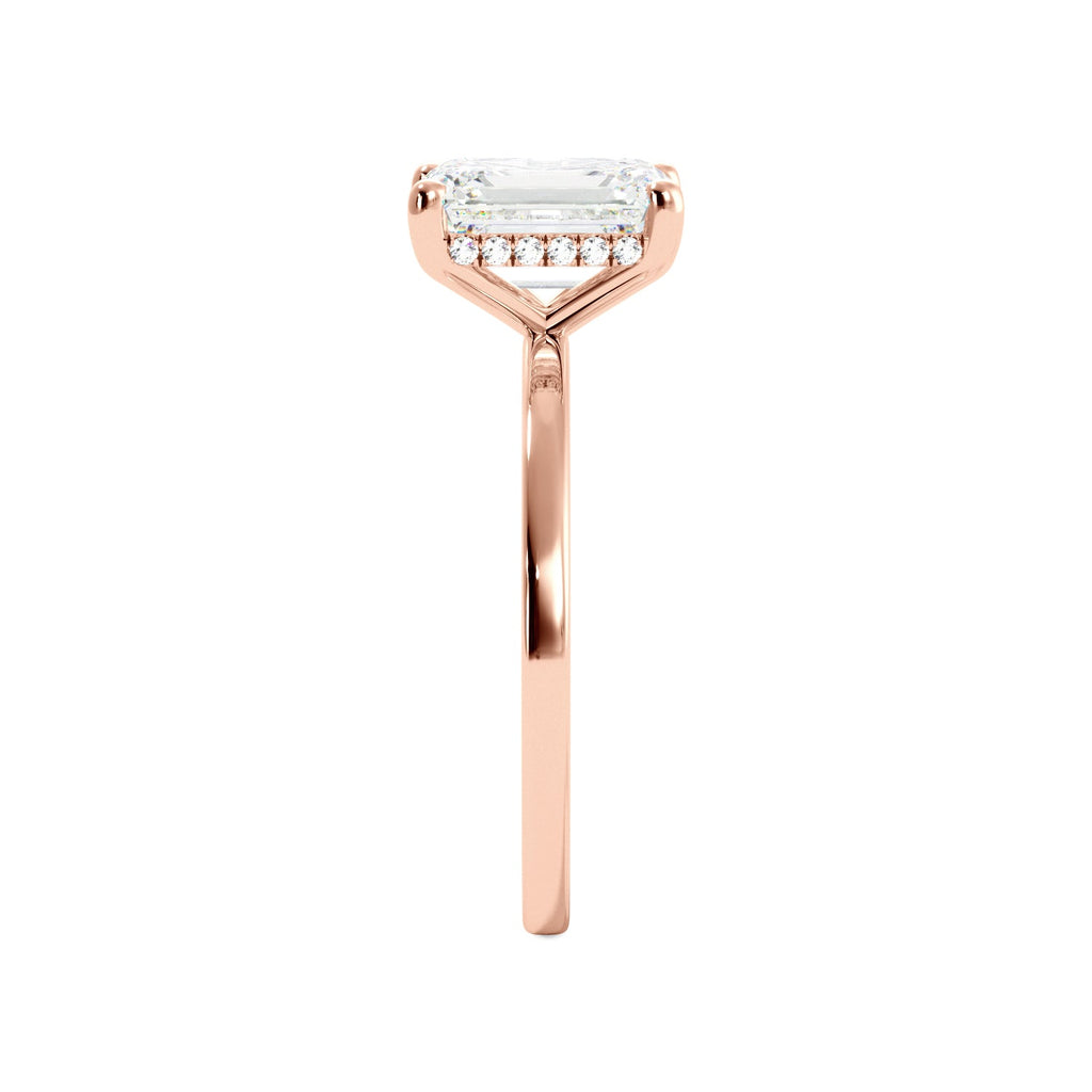Rose Gold Emerald Cut Diamond Hidden Halo Solitaire Engagement Ring Side