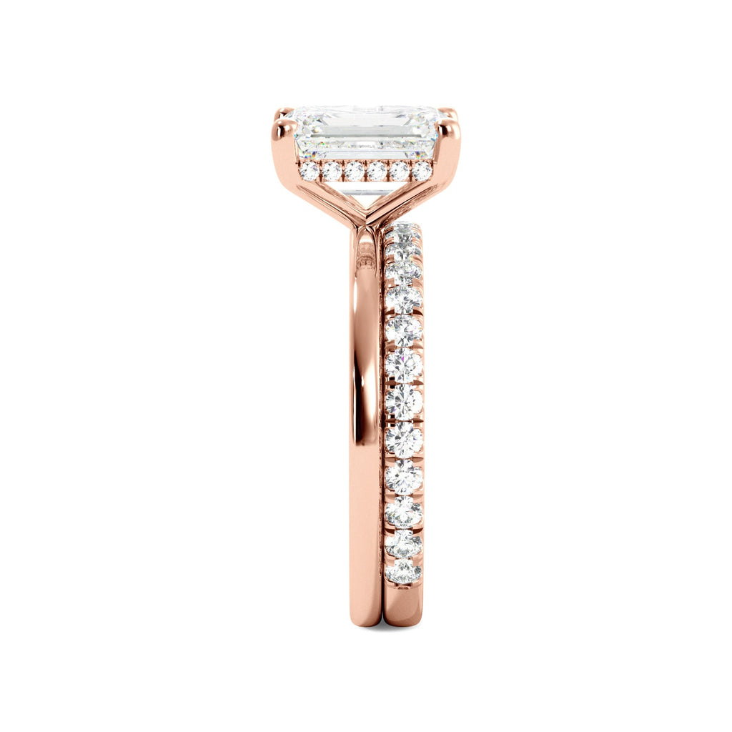 Rose Gold Emerald Cut Diamond Solitaire Engagement Ring Set with Hidden Halo Side View