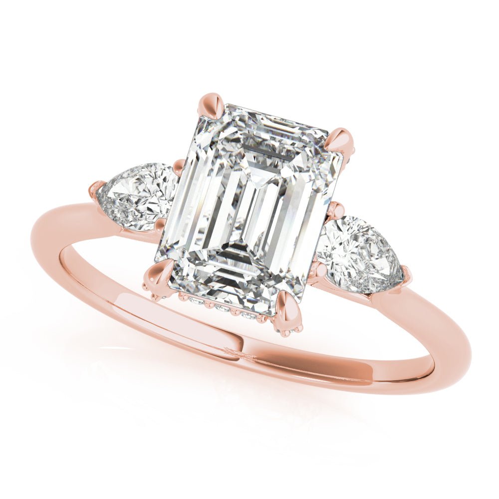 Rose Gold Emerald Cut with Pear Sides Three Stone Engagement Ring