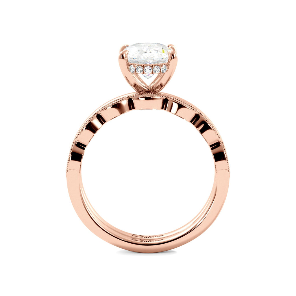 Rose Gold Oval Diamond Solitaire Hidden Halo Engagement Ring Set Side View