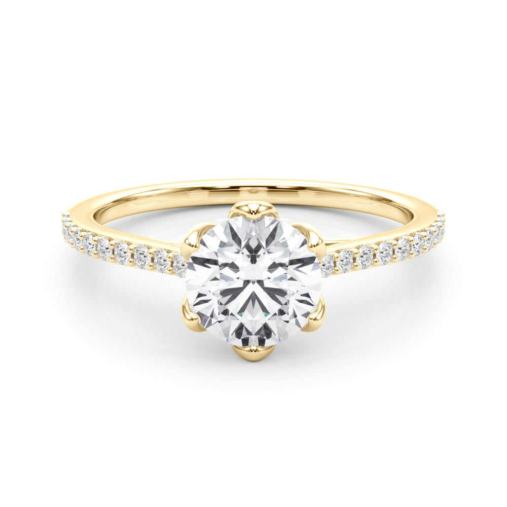 Round Diamond Six Petal Prong Engagement Ring Yellow Gold Front
