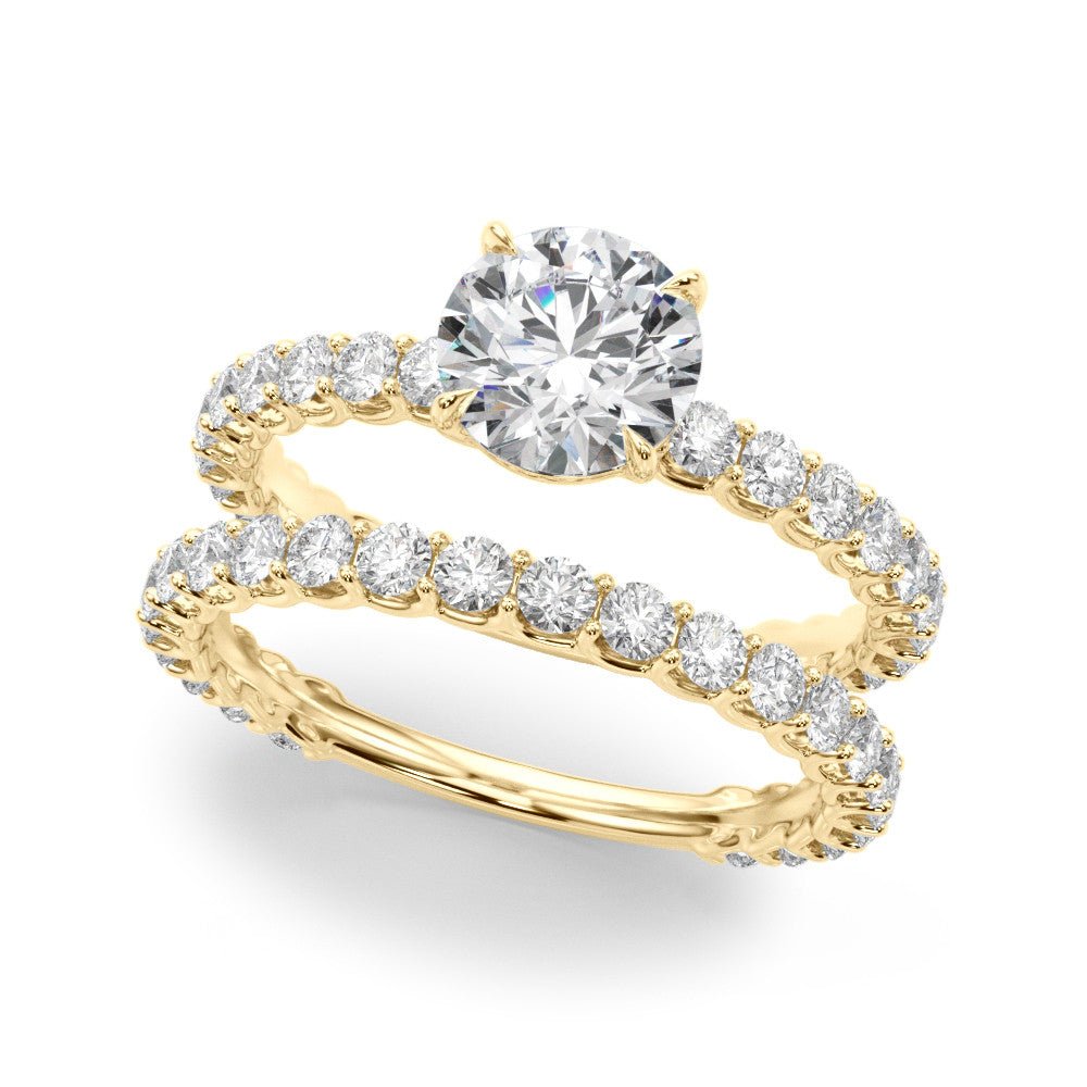 Round Shared Prong Engagement Ring & Band Yellow Gold