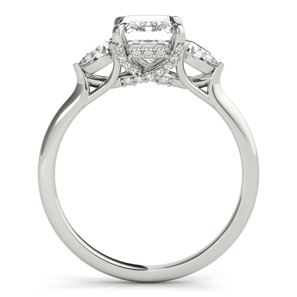 White Gold Emerald Cut with Pear Sides Three Stone Engagement Ring Side