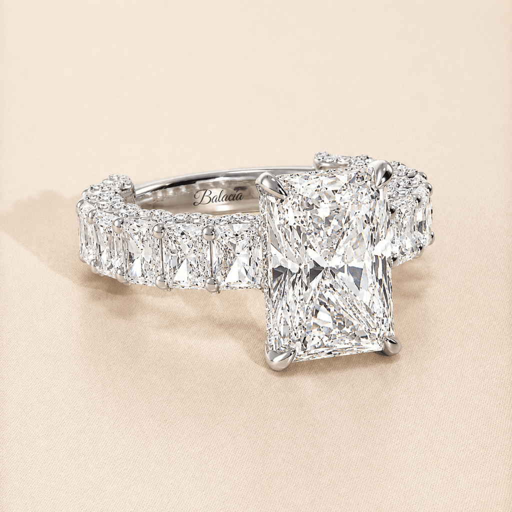 White Gold Iced Out Radiant Cut Diamond Engagement Ring with Radiant Cut Side Diamonds