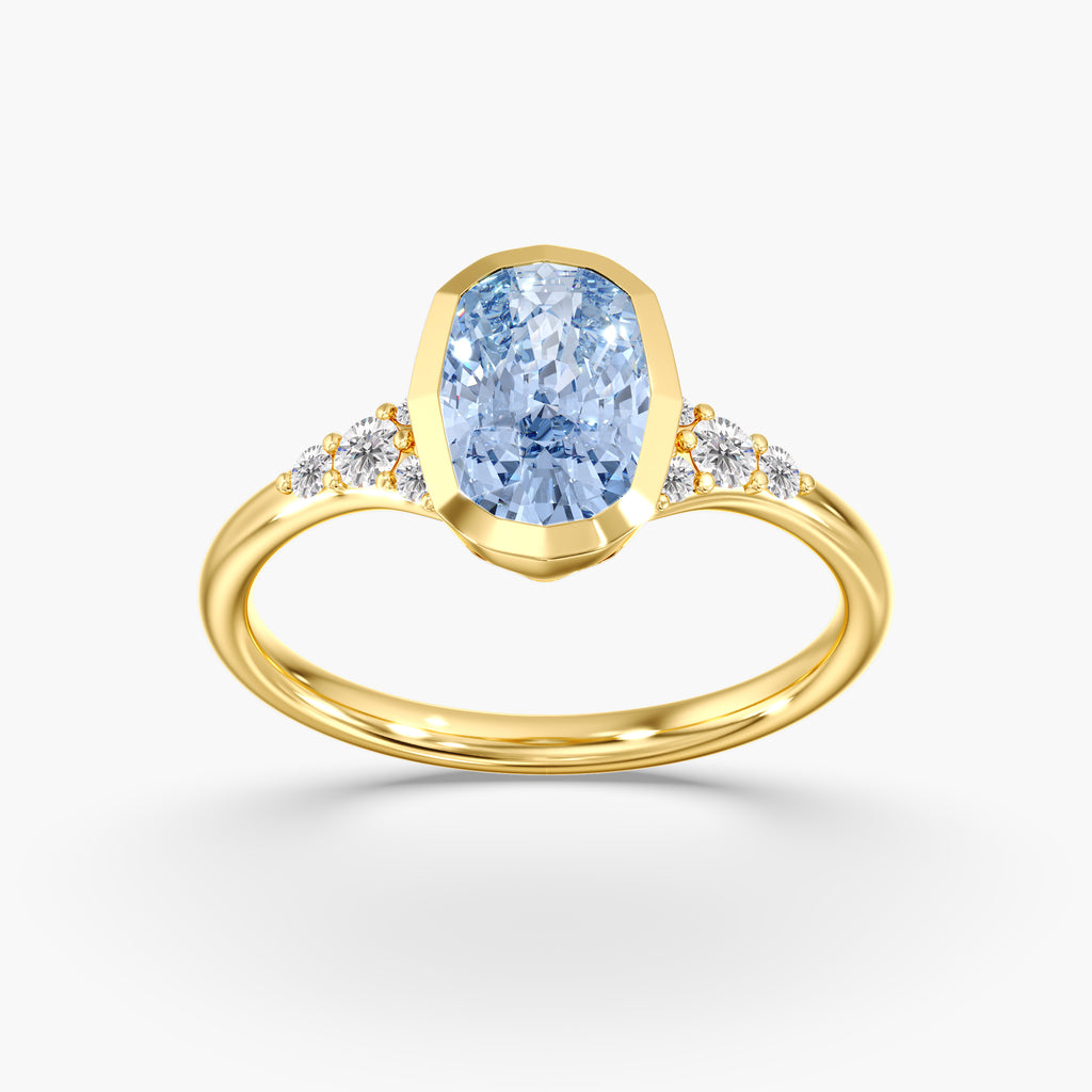 Yellow Gold Artic Glow Elongated Cushion Blue Diamond Bezel Ring