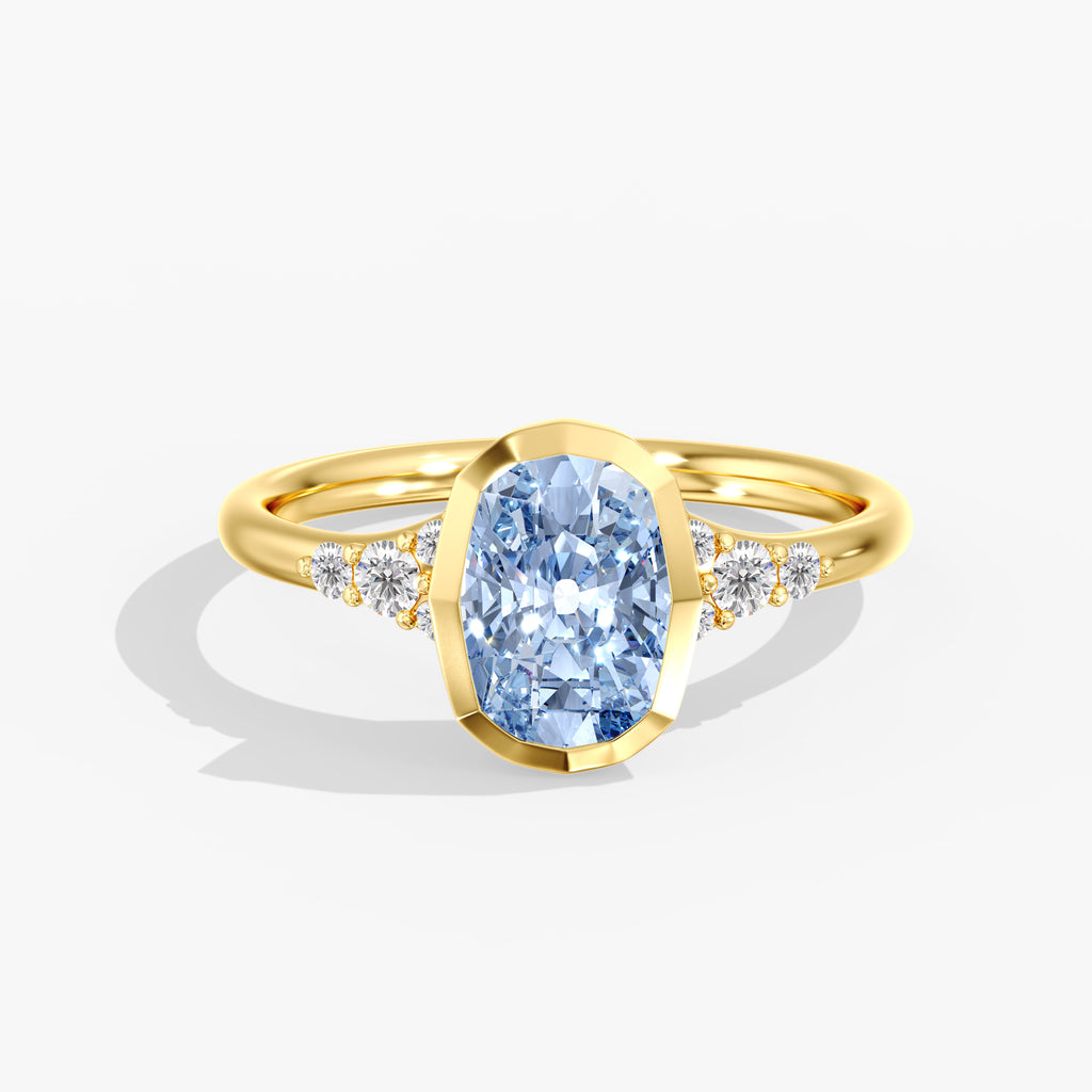 Yellow Gold Artic Glow Elongated Cushion Blue Diamond Bezel Ring Front View