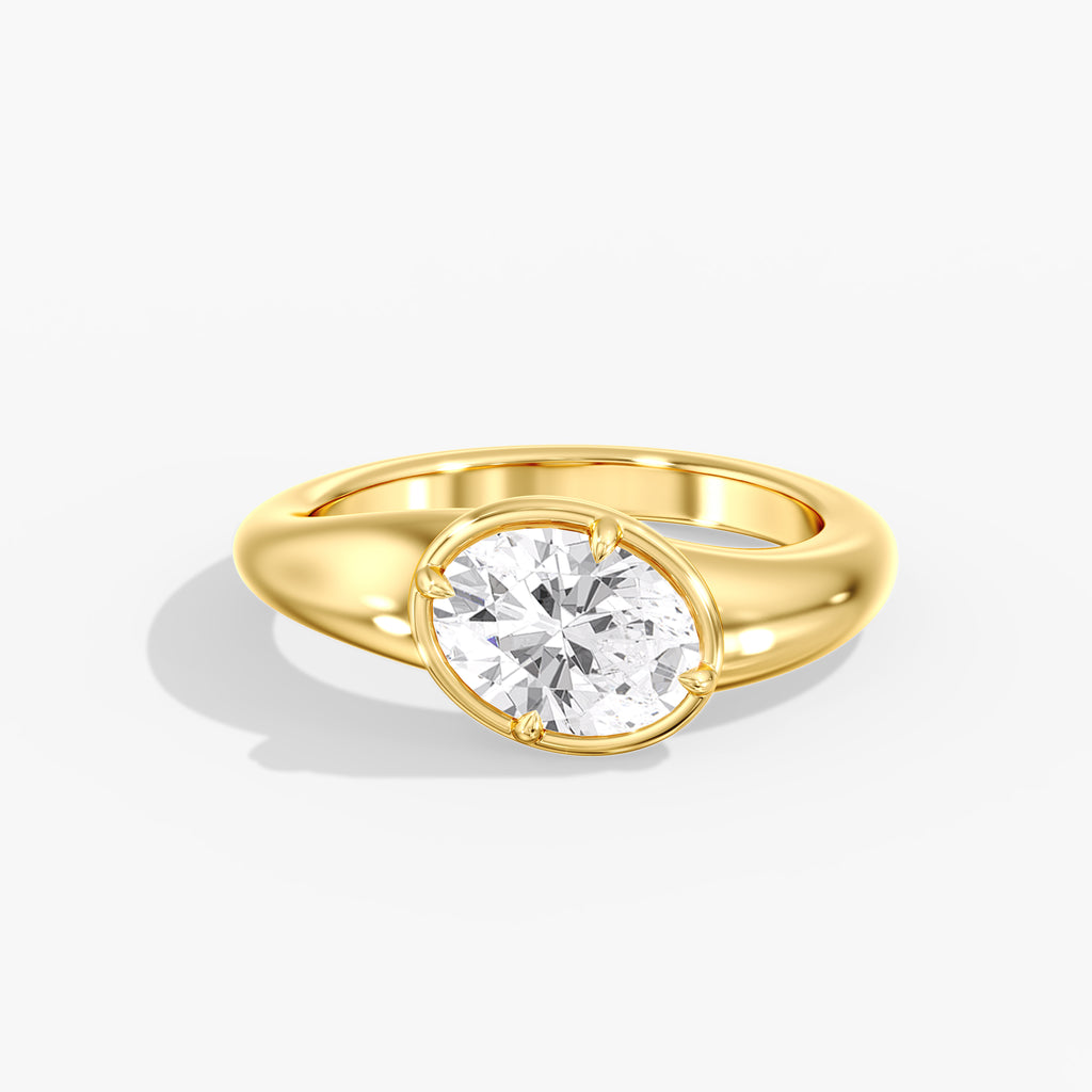 Yellow Gold Modern Tilted Oval Diamond Bezel Ring Front View
