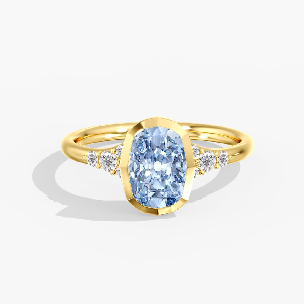 Yellow Gold Artic Glow Elongated Cushion Blue Diamond Bezel Ring Front View