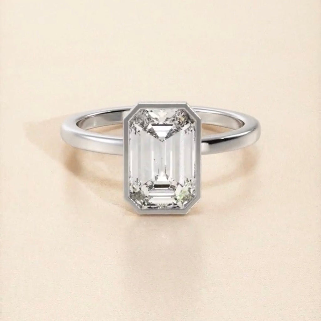 Bezel Emerald Cut Diamond Hidden Halo Solitaire - Balacia