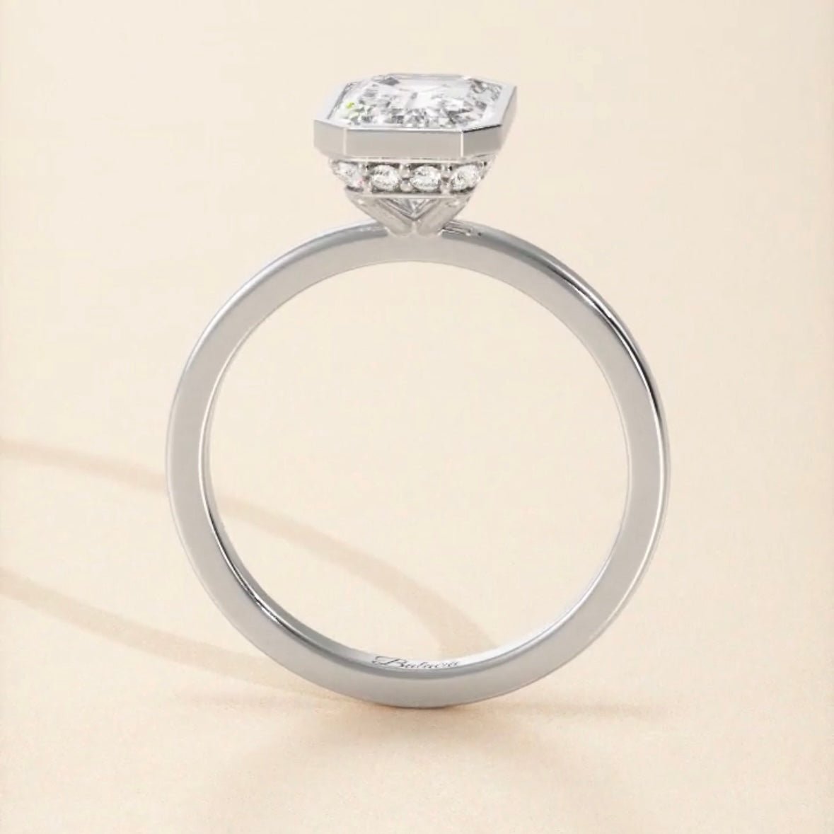 Bezel Emerald Cut Diamond Hidden Halo Solitaire - Balacia