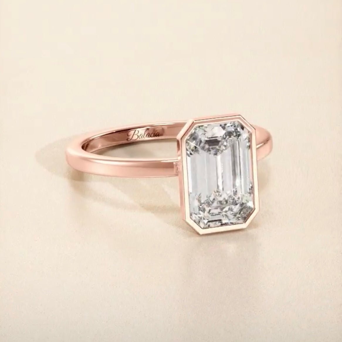 Bezel Emerald Cut Diamond Hidden Halo Solitaire - Balacia