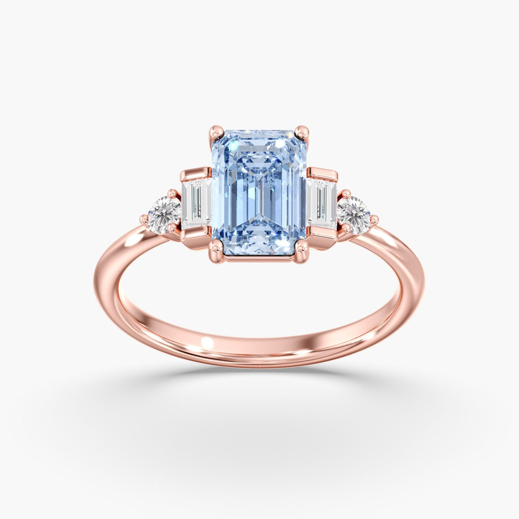 Rose Gold Blue Emerald Cut 3 Stone Triangle Ring