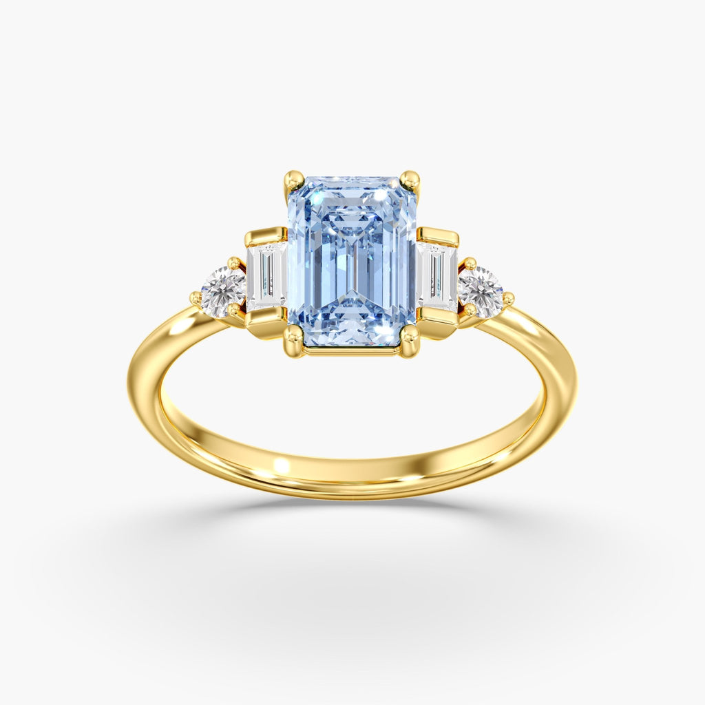 Yellow Gold Blue Emerald Cut 3 Stone Triangle Ring
