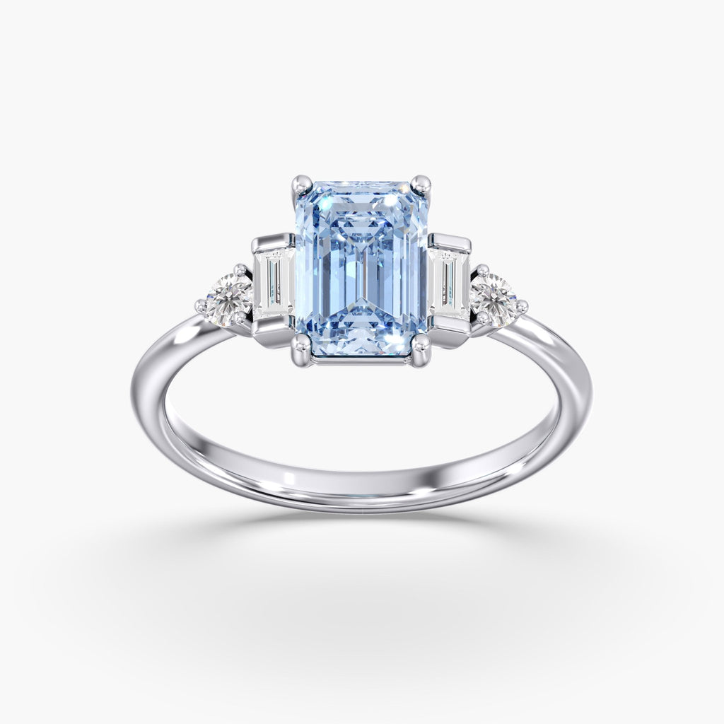 Blue Emerald Cut 3 Stone Triangle Ring