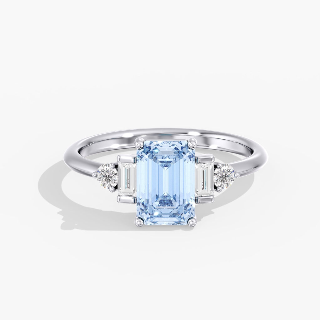 Blue Emerald Cut 3 Stone Triangle Ring Top View