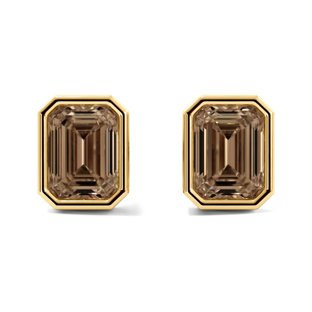 Champagne Emerald Cut Gold Bezel Stud Earrings