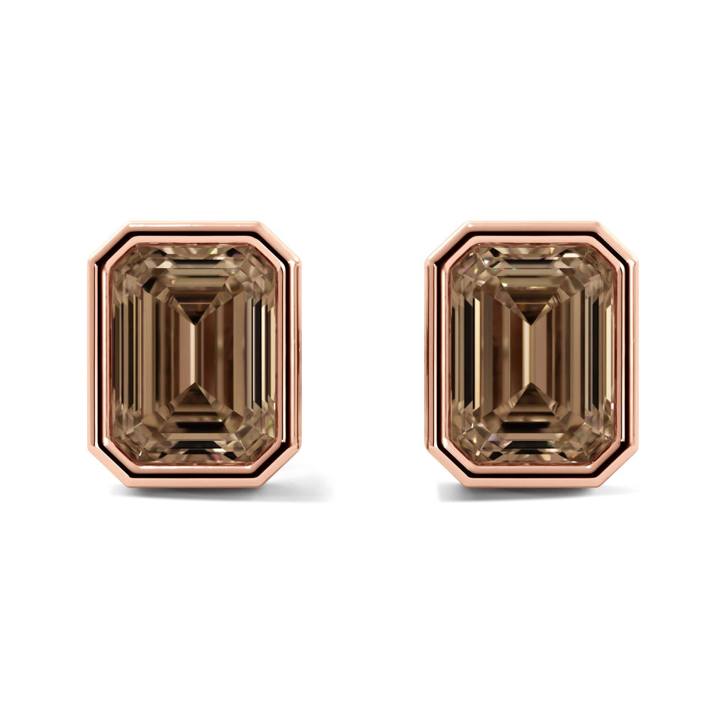 Rose Gold Champagne Emerald Cut Bezel Stud Earrings