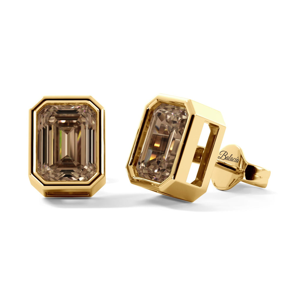 Champagne Crystalline Emerald Cut Gold Bezel Stud Earrings