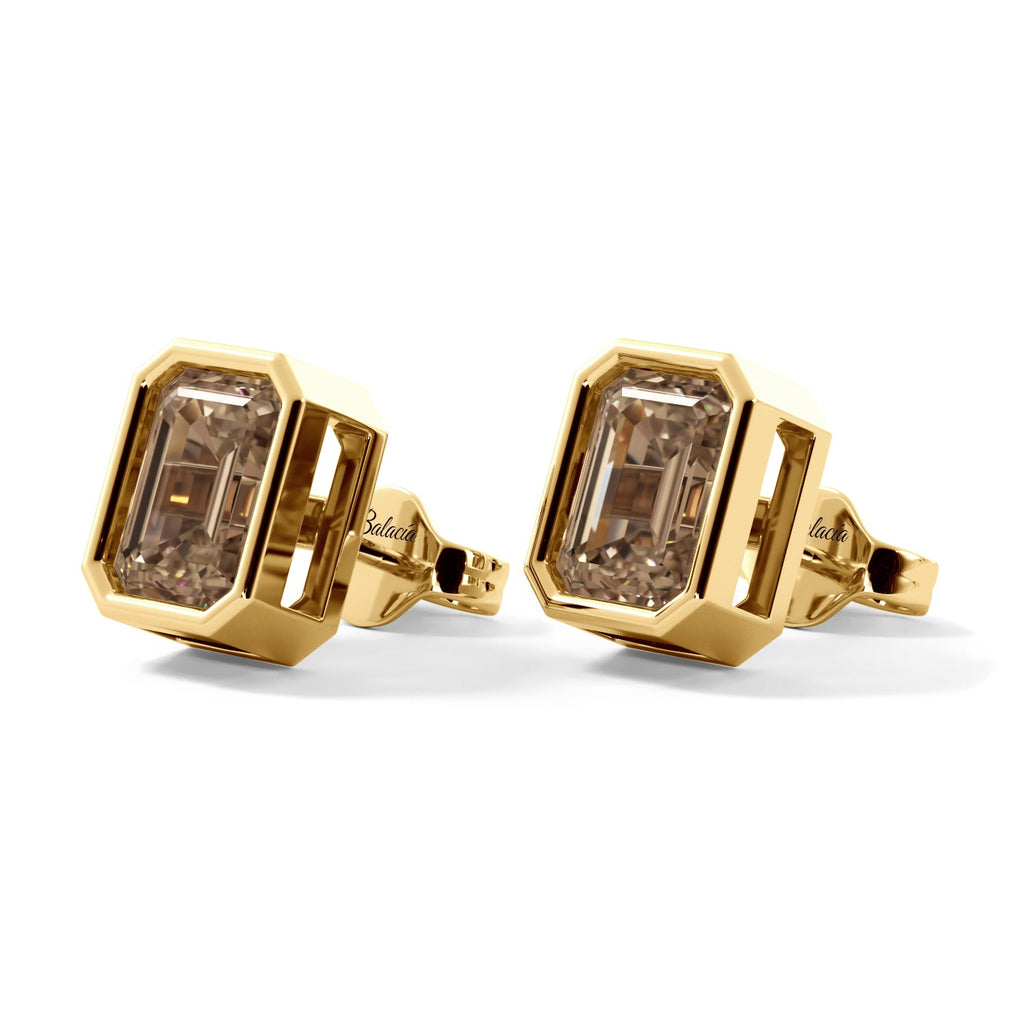 Gold Emerald Cut Crystalline Bezel Stud Earrings