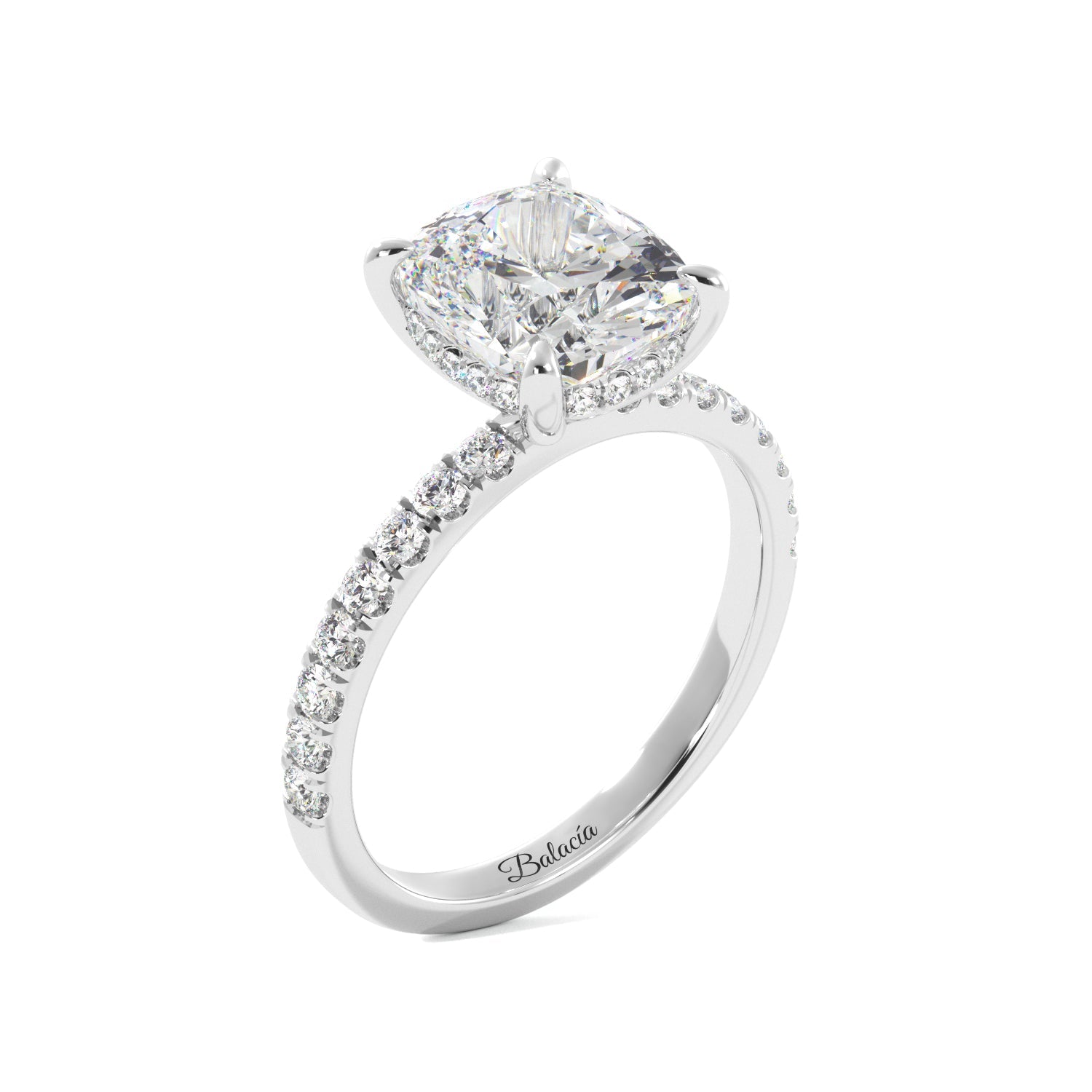 white gold silver cushion cut hidden halo engagement ring