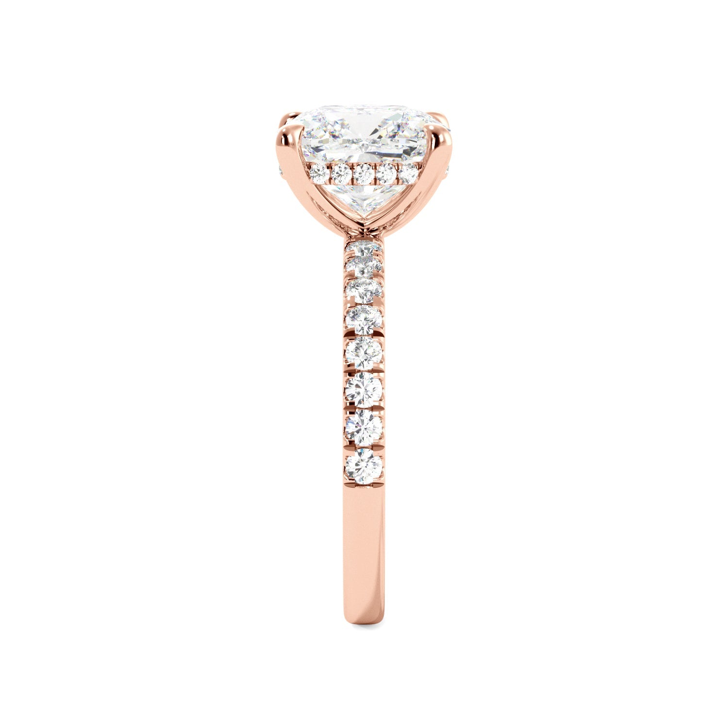 cushion cut rose gold side view hidden halo