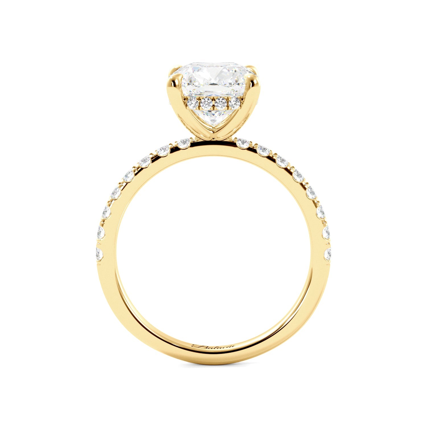 Cushion Cut gold ring hidden halo side view