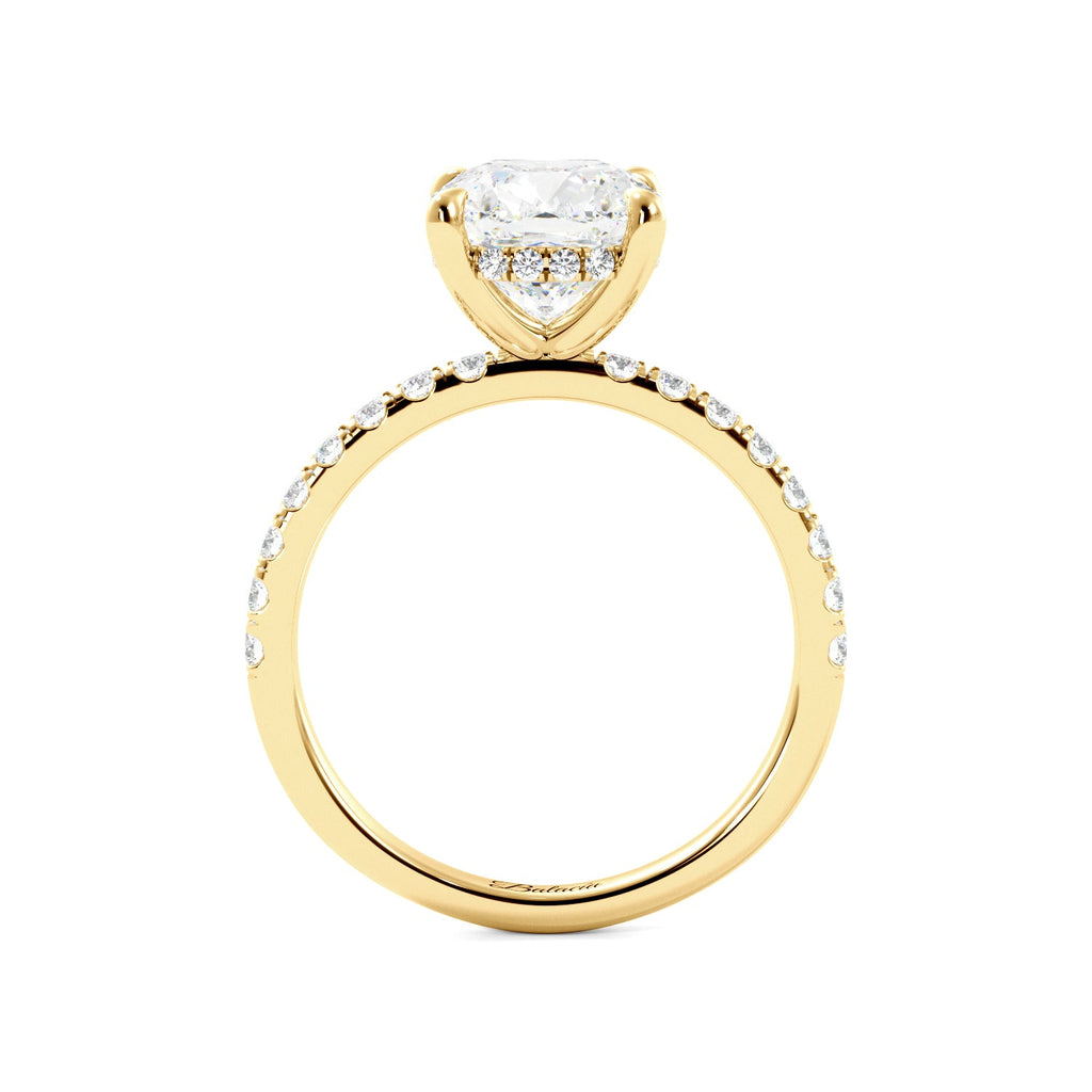 Cushion Cut gold ring hidden halo side view