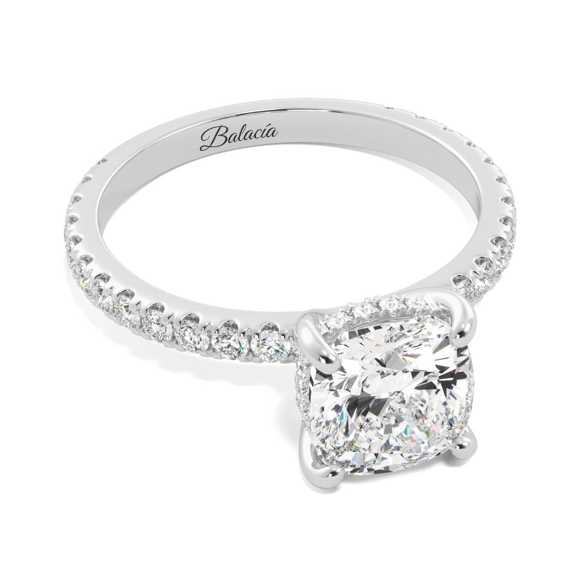 Cushion Cut Diamond side stones Hidden Halo Engagement Ring - Balacia