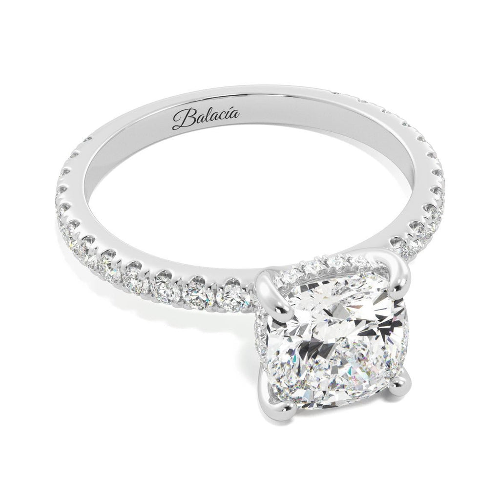 Cushion Cut Diamond side stones Hidden Halo Engagement Ring - Balacia