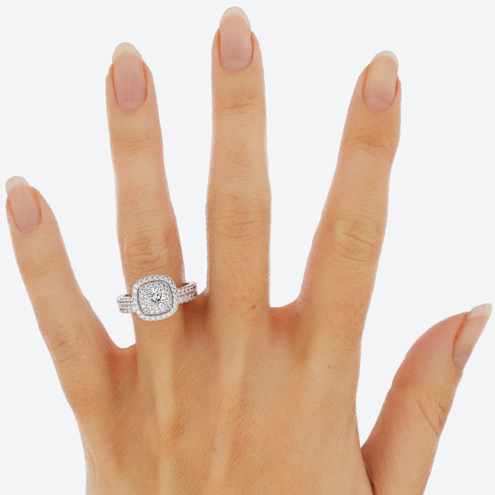 Cushion Cut Moissanite Engagement Ring Double Halo Pavé Band - Balacia