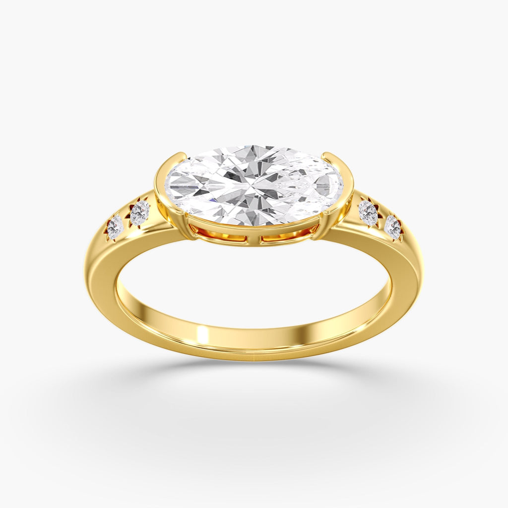 Yellow Gold East West Half Oval Bezel Diamond Studded Ring