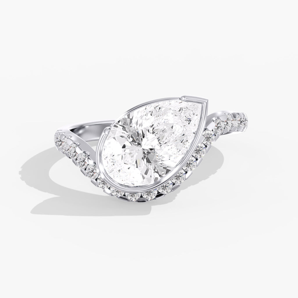 East West Pear Diamonds Tilted Bezel Pave Ring Front View