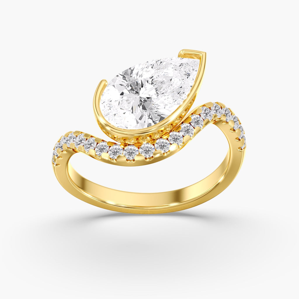 Yellow Gold East West Pear Diamonds Tilted Bezel Pave Ring
