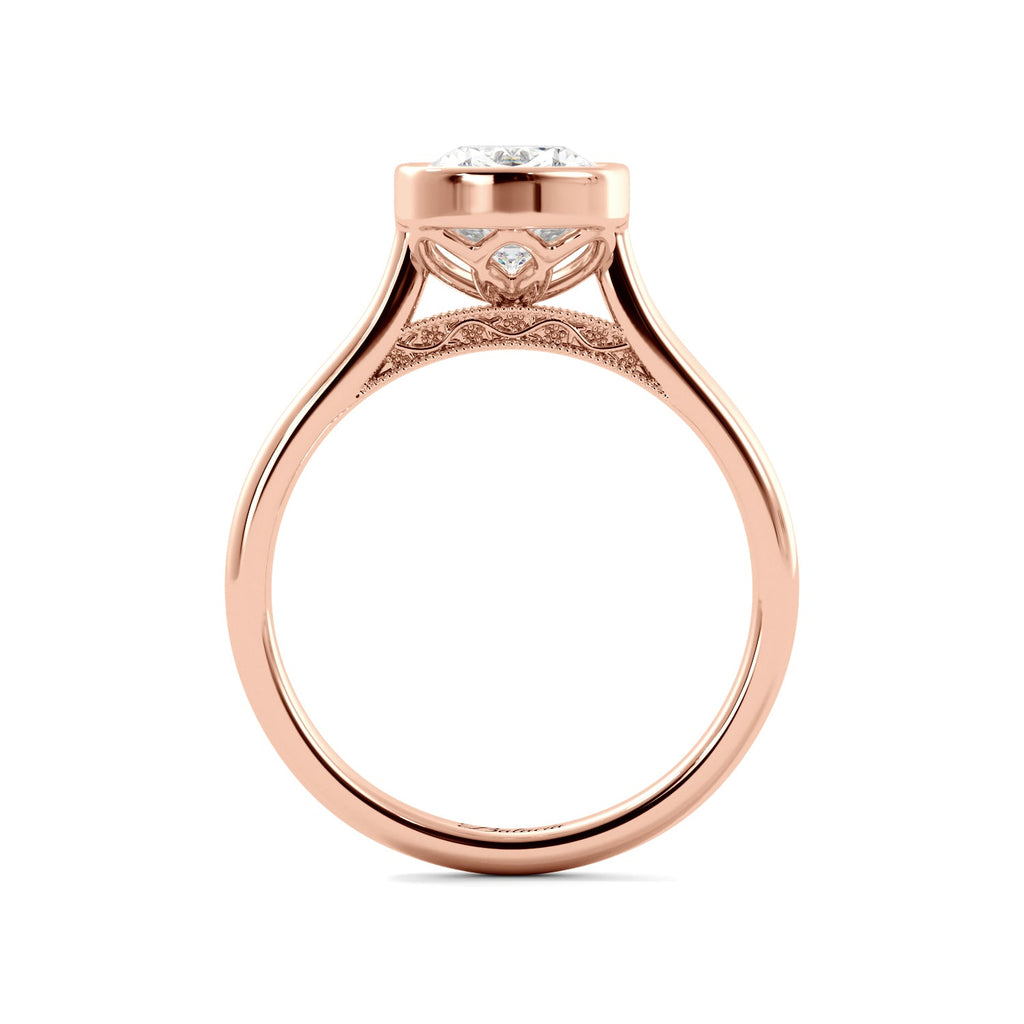 Rose Gold Elongated Cushion Bezel Floral Filigree Engagement Ring Full View