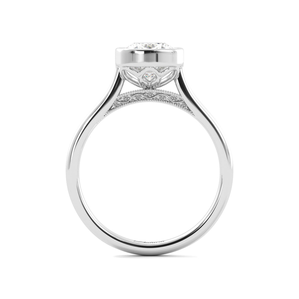 Elongated Cushion Bezel Floral Filigree Engagement Ring Full View