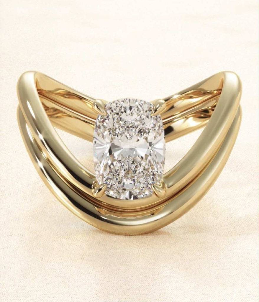 Gold Elongated Cushion Modern Curved Engagement Ring Set