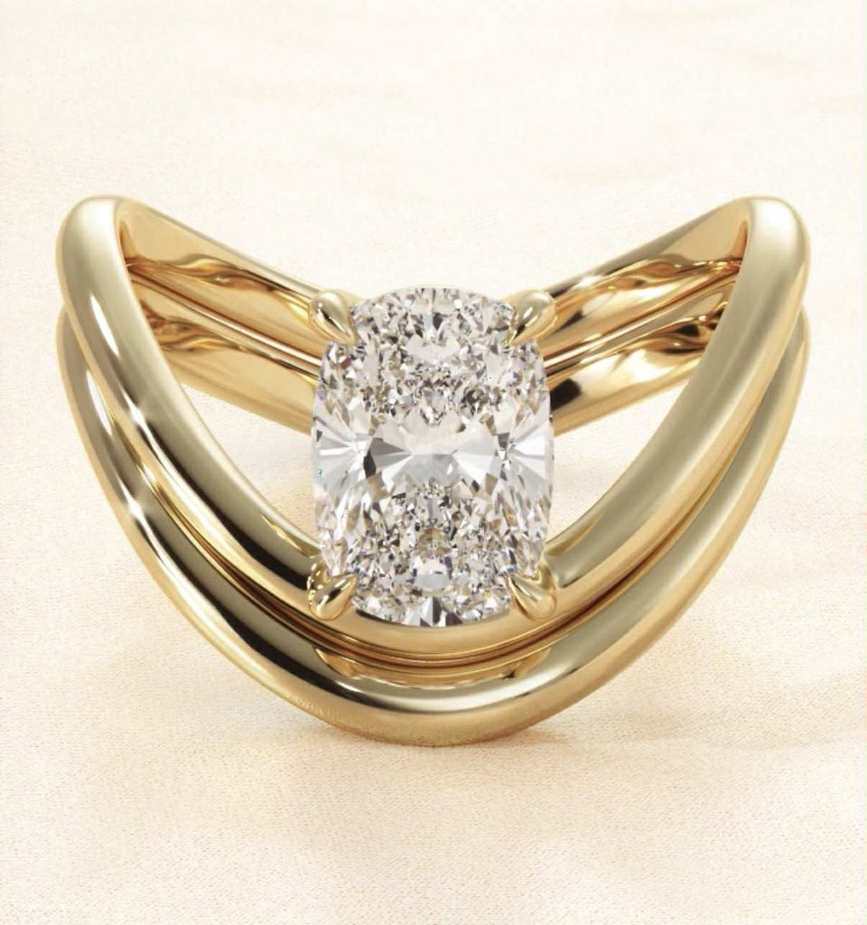 Gold Elongated Cushion Modern Curved Engagement Ring Set