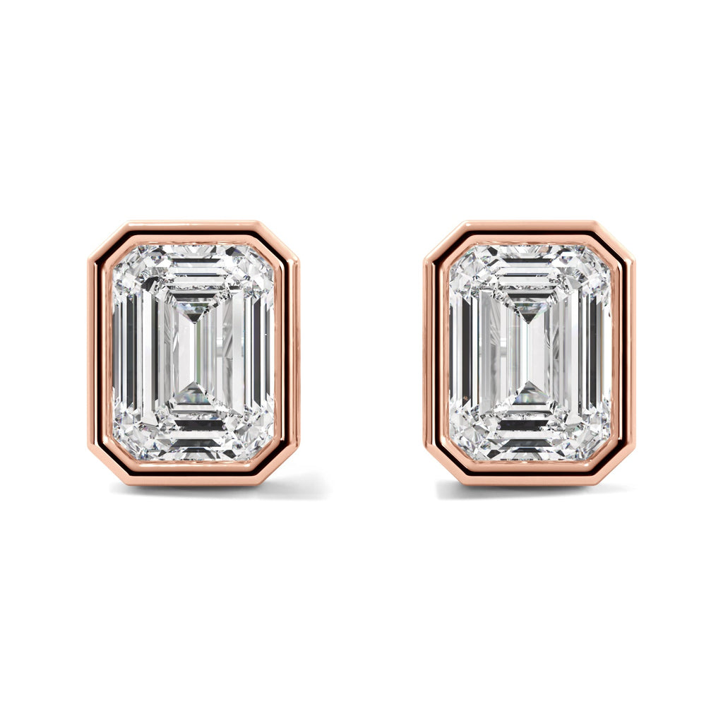 Rose Gold Emerald Cut Bezel Diamond Stud Earrings